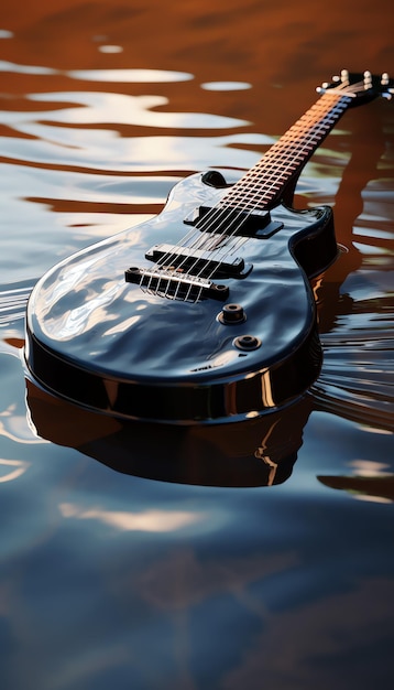 Una guitarra negra en el agua