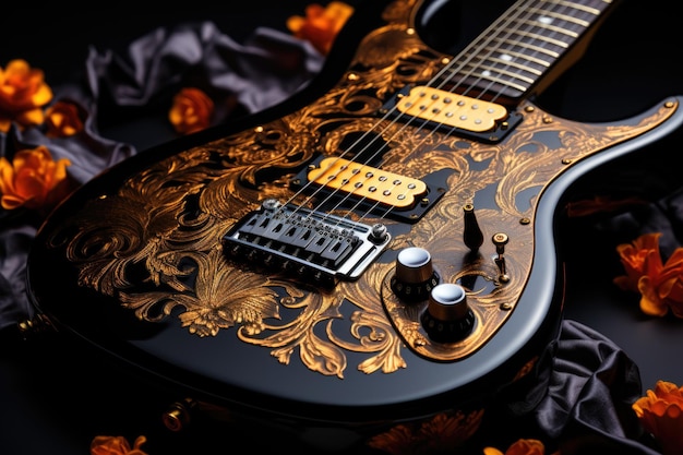 Una guitarra negra con diseños dorados y florales. ai