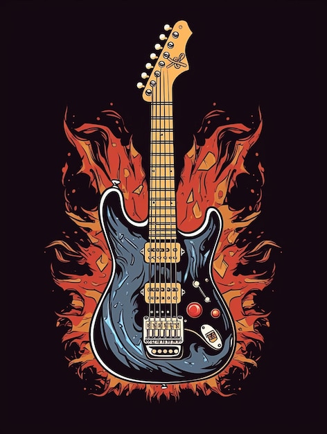 Una guitarra negra con un fuego rojo en la parte inferior.