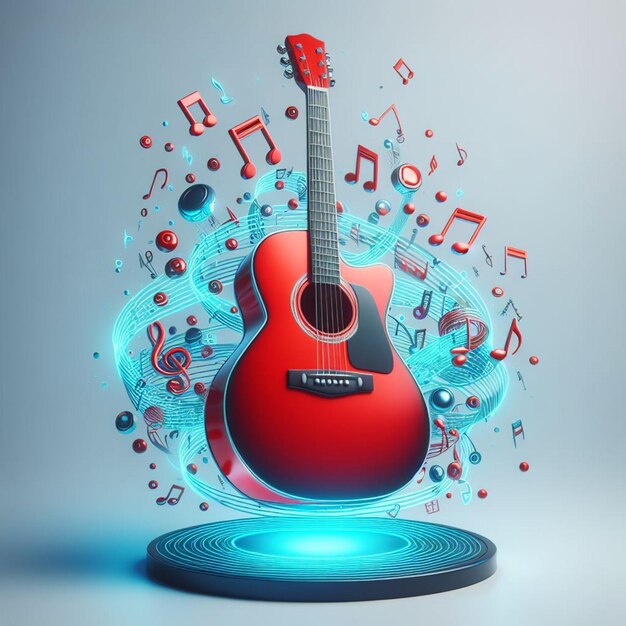 guitarra con notas de neón flotantes