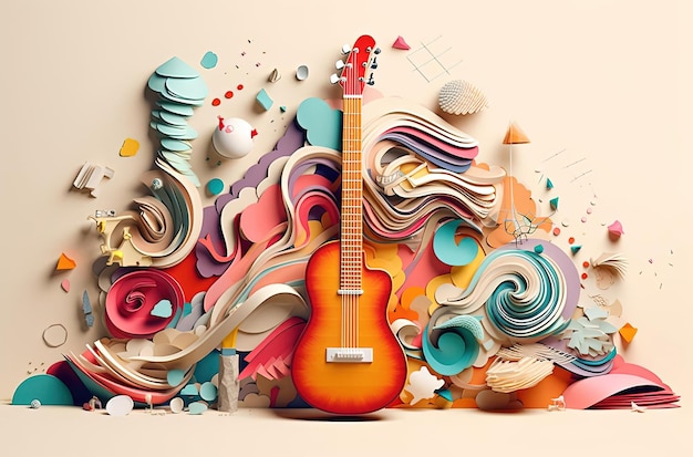 una guitarra de papel rodeada de varias otras cosas