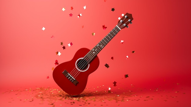 Foto guitarra roja con cinta roja en el fondo de confeti renderización 3d