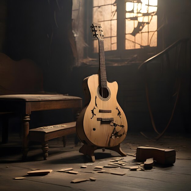 Foto guitarra rota en una vieja habitación fea junto a una ventana