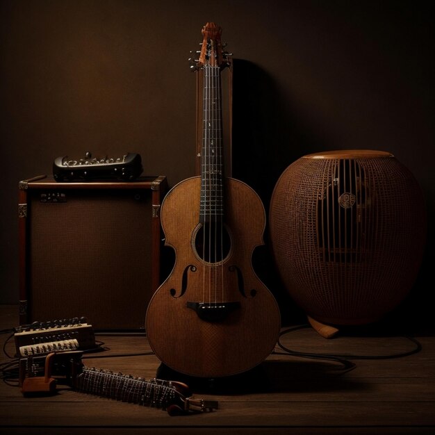 Foto una guitarra está sentada al lado de una vieja radio