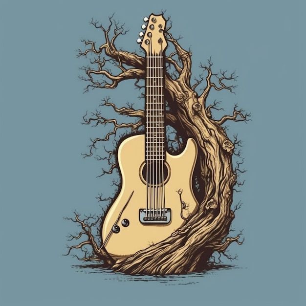 Una guitarra sentada en un árbol con un ai generativo de fondo azul.