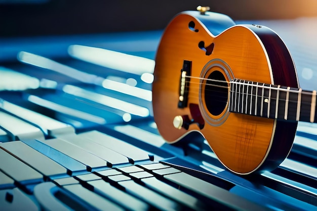 Foto una guitarra se sienta en una mesa con un fondo azul.