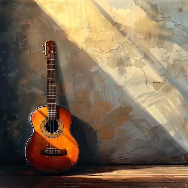 una guitarra se sienta en una repisa con el sol brillando detrás de ella