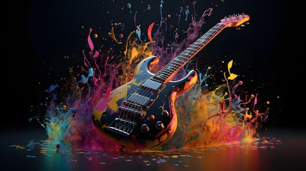 Una guitarra sobre un fondo negro con pintura de colores salpicando a su alrededor.