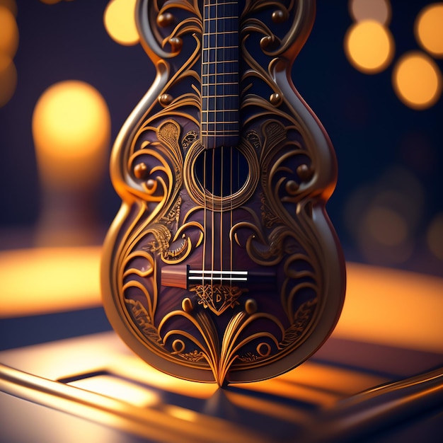 Una guitarra sobre una mesa con un diseño dorado.