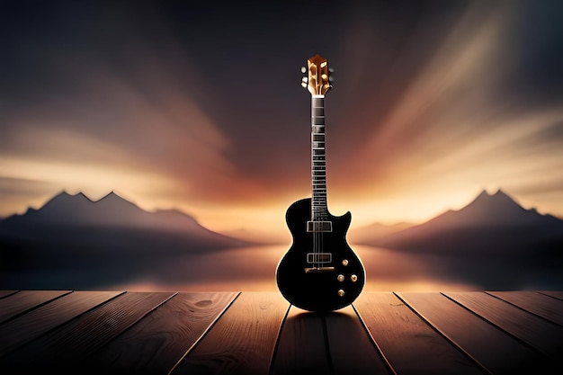 Foto guitarra sobre una mesa de madera con una puesta de sol al fondo.