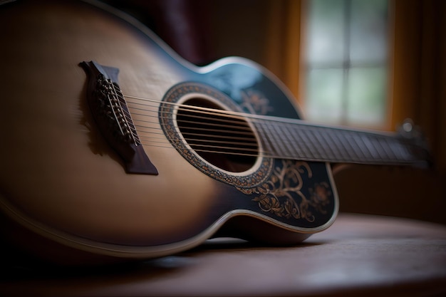 Una guitarra sobre una mesa con la palabra música escrita