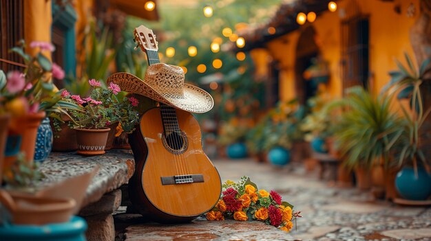 Foto una guitarra y un sombrero descansan en un banco en un callejón pintoresco mientras cae la noche