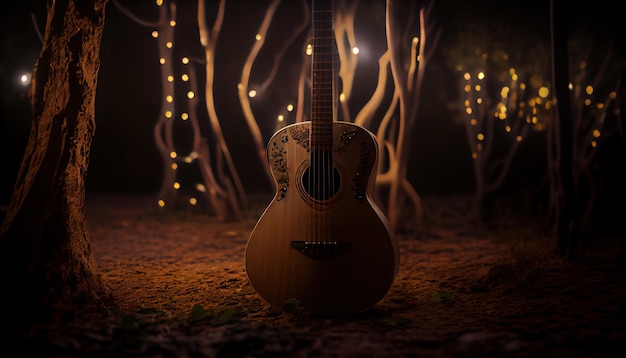 Guitarra en el suelo en el primer plano del bosque con bombillas
