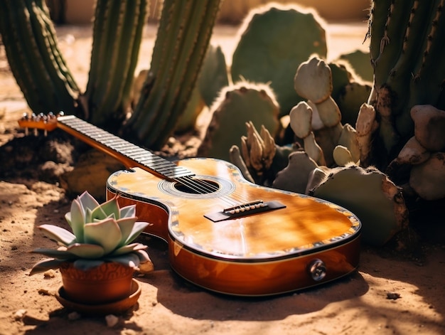 Una guitarra tendida en el suelo al lado de un cactus