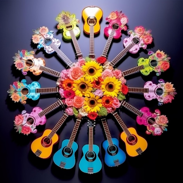 Foto guitarras e flores dispostas em círculo sobre um fundo preto