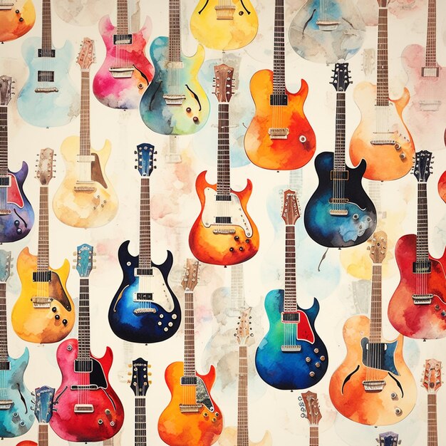 las guitarras están alineadas en una pared con un fondo colorido generativo ai