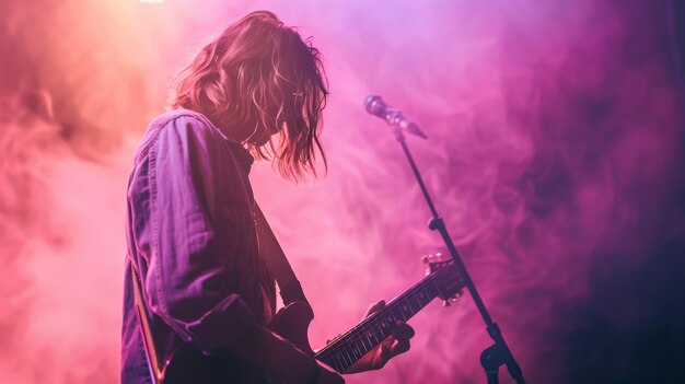 El guitarrista actuando con el cabello oscureciendo la cara en la bruma púrpura, la música en vivo artística, la música indie y el concepto de misterio.