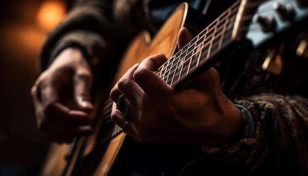 Guitarrista caucasiano tocando violão no palco gerado por IA