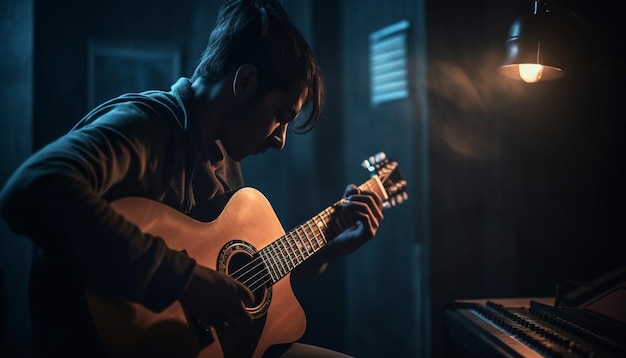 Guitarrista caucásico tocando la guitarra acústica en interiores por la noche generado por IA