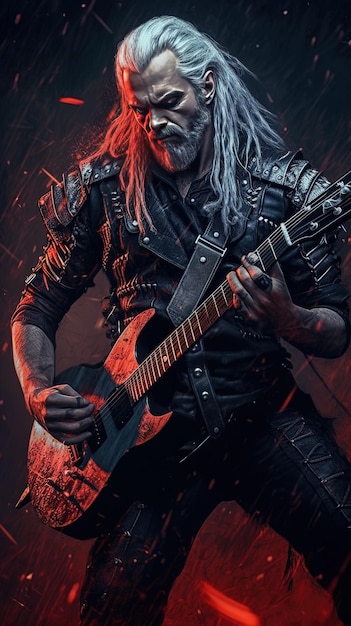 Foto un guitarrista con una chaqueta negra y un cinturón negro.