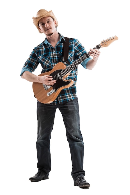Guitarrista de blues ou country isolado no branco