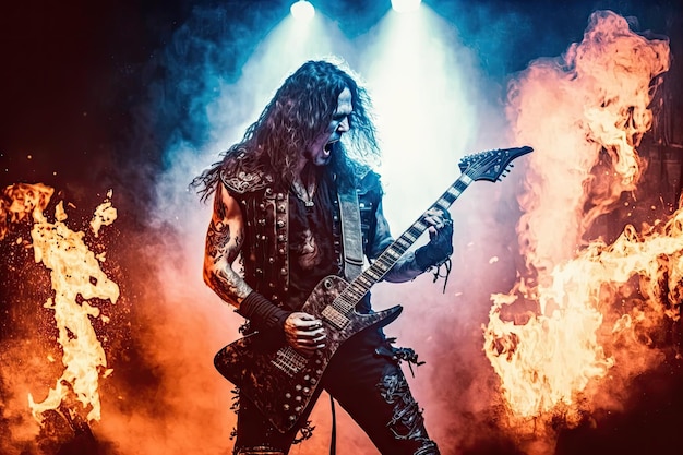 Guitarrista de heavy metal com chamas e fumaça ao fundo se apresentando no palco