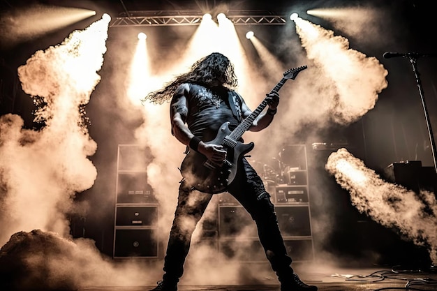 Guitarrista de heavy metal tocando solo no palco cercado por fumaça e luzes