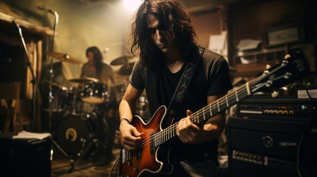 Guitarrista de rock em sessão de jam de garagem intensidade companheiros de banda ao redor
