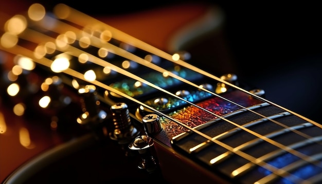 Guitarrista elétrico tocando guitarra de metal amarelo no palco gerado por ia