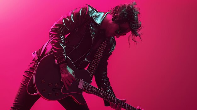 Foto un guitarrista enérgico con una chaqueta de cuero negra y gafas de sol actúa sobre un fondo rosa