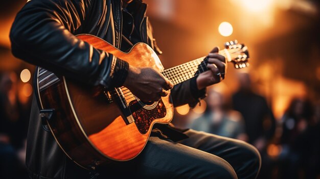 Guitarrista en el escenario y canta en un concierto para el concepto de fondo suave y borroso