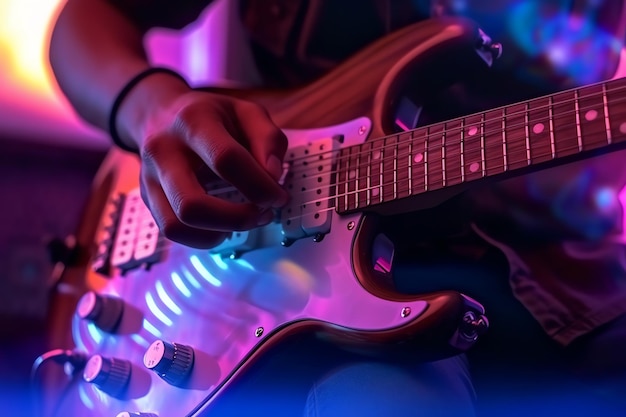 Foto un guitarrista en el escenario con iluminación.