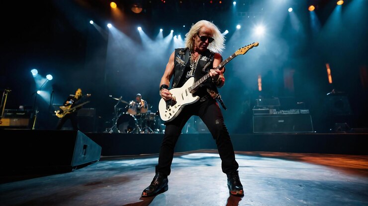 el guitarrista está en el escenario con la banda detrás de él
