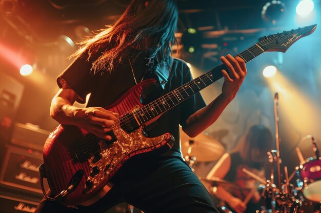 Foto un guitarrista hábil interpretando un solo en el escenario con los dedos volando sobre el fretboard