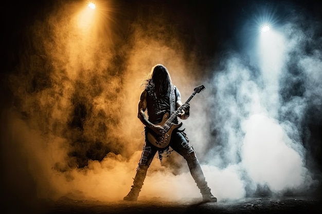 Guitarrista de heavy metal tocando solo en el escenario rodeado de humo y luces