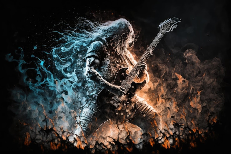 Guitarrista de heavy metal triturando a toda velocidad con humo y fuego en el fondo creado con ai generativo
