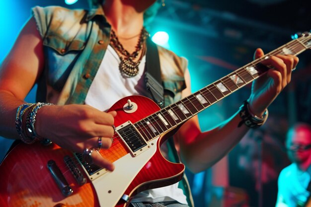 Foto guitarrista masculino tocando la guitarra eléctrica en el fondo del estilo bokeh del concierto