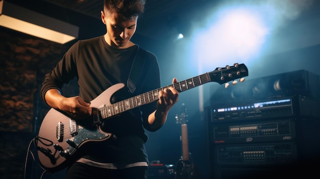 Guitarrista masculino tocando guitarra eléctrica en un moderno estudio casero o sala de ensayo Joven produciendo música con procesadores de efectos electrónicos