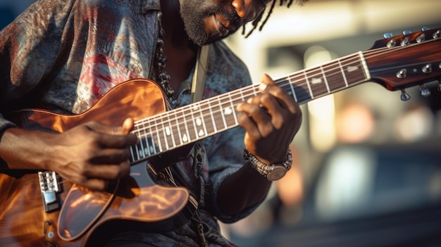 Guitarrista na movimentada praça da cidade capturando a vida urbana através da música