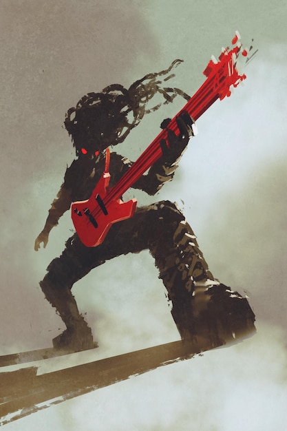 Foto guitarrista roqueiro tocando guitarra vermelha, ilustração, pintura digital