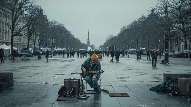 Foto un guitarrista solitario toca su música en una concurrida calle de la ciudad las personas que pasan están todas abrigadas contra el frío y el guitarrismo no es una excepción