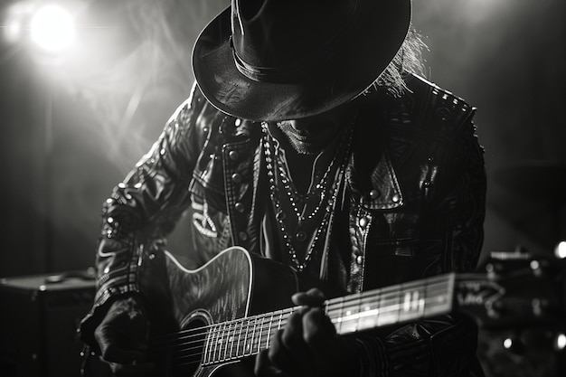 Foto guitarrista en solitario tocando un concierto