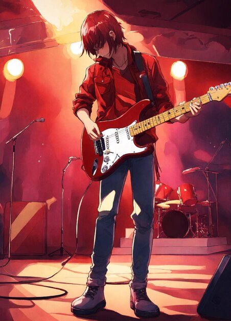 guitarrista Stratocaster colorido estágio adolescente fundo célula sombreado estilo anime