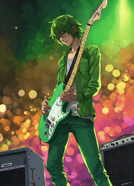 Foto guitarrista stratocaster colorido estágio adolescente fundo célula sombreado estilo anime