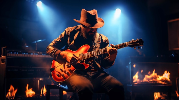 El guitarrista toca la guitarra acústica en el escenario tocando cuerdas