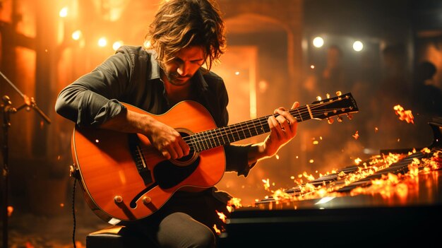 Guitarrista tocando la guitarra acústica en el escenario arrancando cuerdas con creatividad