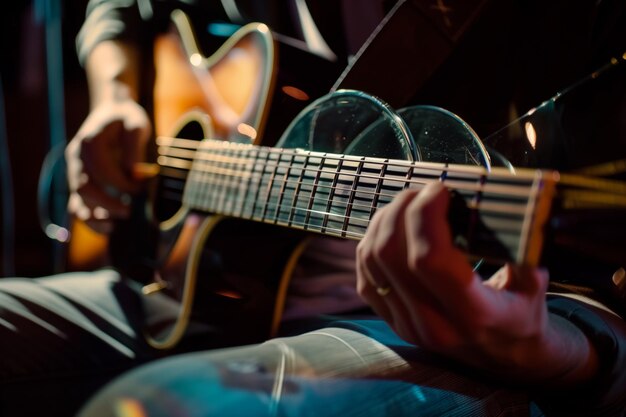 Guitarrista tocando guitarra de slide em close-up em slide de vidro