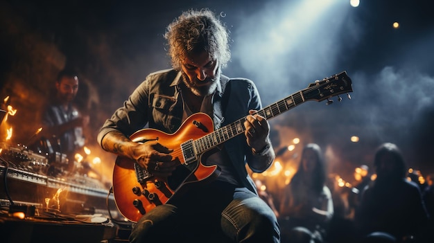 Guitarrista tocando guitarra elétrica durante um concerto ao vivo