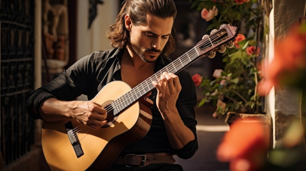 Guitarrista tocando no pátio espanhol capturando a essência do flamenco