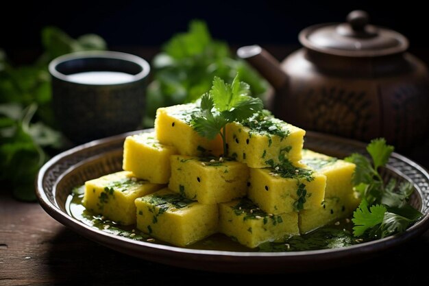 Foto gujarati tradicional khaman dhokla a popular comida de restaurante dhokla fotografia de imagem